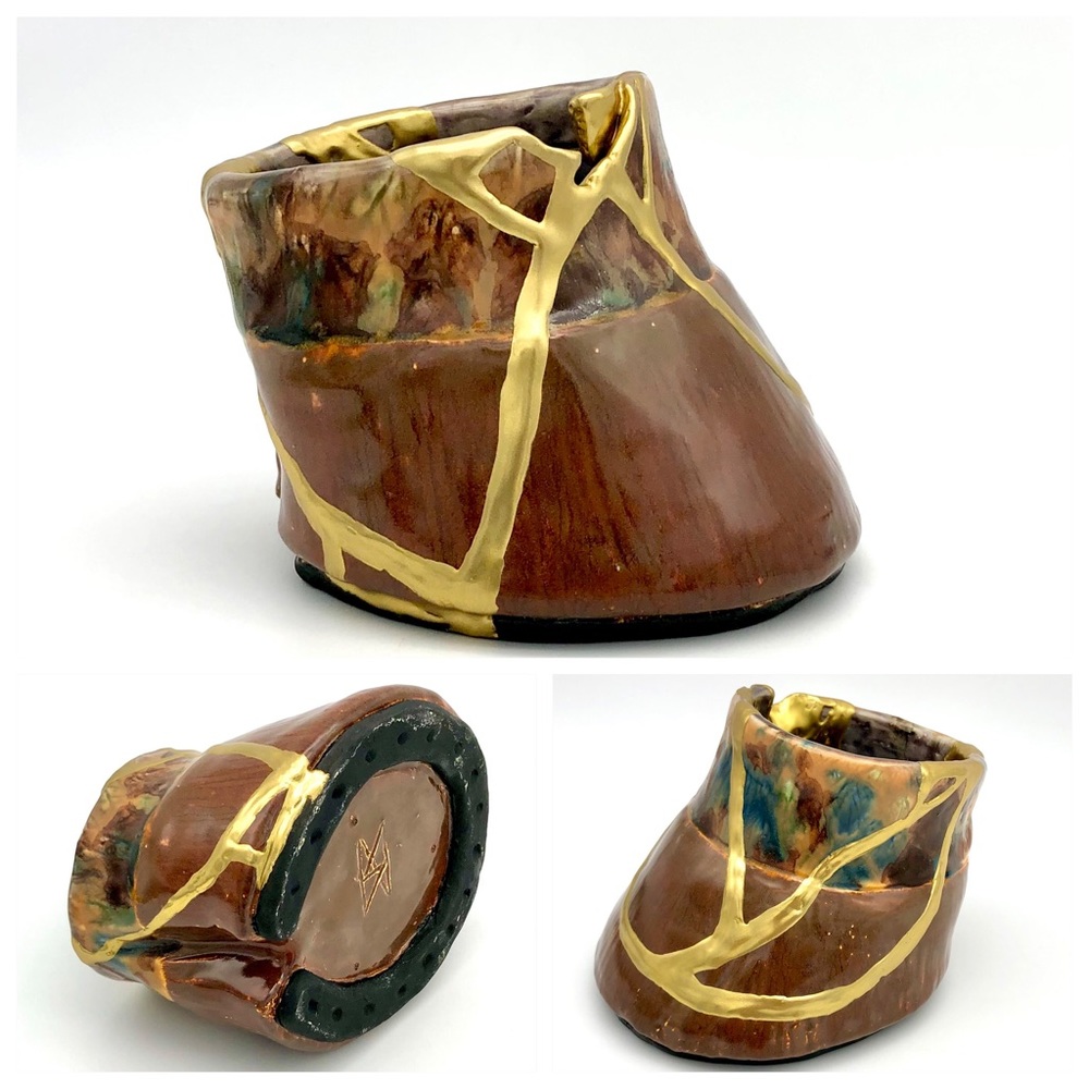 Kintsugi Pottery Horse Hoof Cup Vase Cache Horseshoe Gold Crack Growth Gift